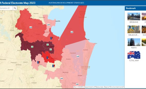 Esri online map on the Aspirational Left by current federal seats from March 3, 2023